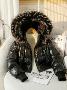 SHEIN 1pc Tween Girl High Waist Short Fitted Padded Coat, Detachable Furry Collar Hooded Casual Padded Coat For Autumn/Winter Fall