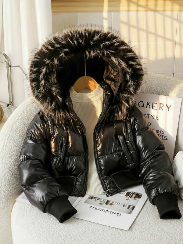 SHEIN 1pc Tween Girl High Waist Short Fitted Padded Coat, Detachable Furry Collar Hooded Casual Padded Coat For Autumn/Winter Fall