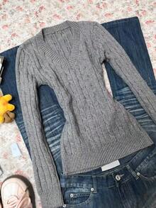 Rina Fox Women's Casual Grey Slim Fit V-Neck Cable Knit Sweater, Autumn/Winter - Grey - View 6