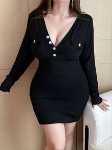 Flirla 大码性感V领针织长袖修身中长连衣裙 - 黑色 - 查看 5