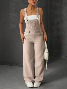 SHEIN EZwear Women's Summer Casual Slant Pocket Straight Leg Denim Bib Pants - Khaki - View 5