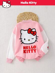 HELLO KITTY AND FRIENDS | SHEIN 少女休闲日常舒适卡通字母图案棒球领撞色袖纽扣保暖外套 - 彩色 - 查看 3