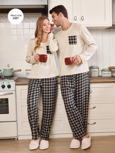 CoupledUp Plaid Long Sleeve Men's Crew Neck Pajama Set Plaid Pajamas Matching Couple Pajama Set Loungewear Couple Coffee Pajamas, Winter Clothes