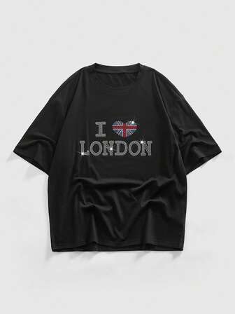 Street Life T-shirt casual da uomo a maniche corte con scollo rotondo e stampa di lettere con strass