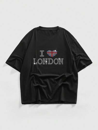 Street Life T-shirt casual da uomo a maniche corte con scollo rotondo e stampa di lettere con strass