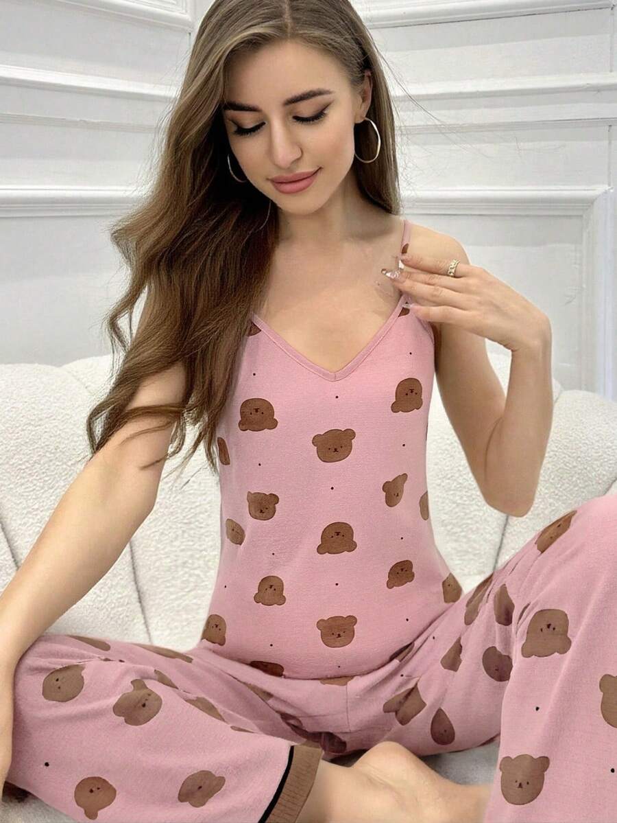 Dream Adore Conjunto de pijama de camiseta de tirantes con cuello en V y pantalones con estampado de oso - Multicolor - Ver 1