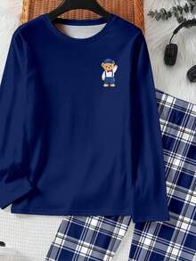 Tween Boy Casual Loose Long Loungewear, Classic Plaid Pattern, Cute Bear Print Snug Fit - Multicolor - View 3