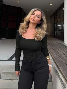 Jeta Ari 圆领长袖修身上衣休闲度假机场度假返校秋季冬季 - 黑色 - 查看 5