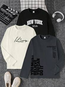 Vacaura 3pcs/Set Teenage Boys Casual Letter Print Crew Neck Long Sleeve T-Shirts, Suitable For Leisure, Street, Commute, Layering In Autumn/Winter - Multicolor - View 8