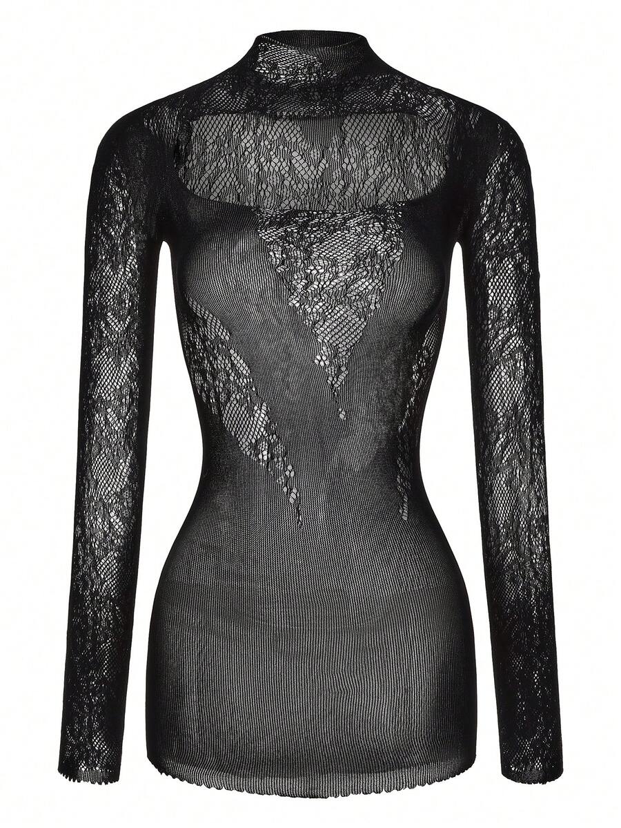 ChaseTheNight 1 件黑色长袖紧身连衣裙，高弹力半透明，适合夜总会、舞会、派对、俱乐部、外出 - 黑色 - 查看 1