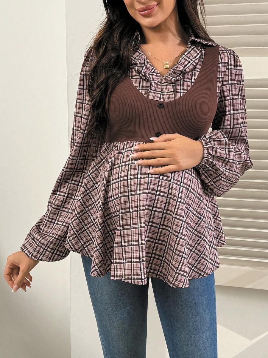 SHEIN Vintage Plaid Patchwork Long Sleeve Maternity Top, Fashionable Design, Suitable For Spring And Autumn Wear - Multicolor - View 1