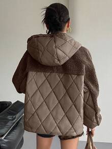 DAZY Women's Patchwork Houndstooth Short Lamb Wool Padded Coat, Autumn/Winter - Brown - View 5