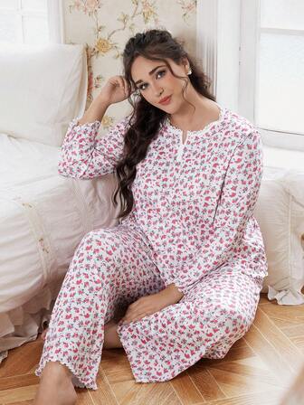 CottageSlumber 2pcs Plus Size Women Casual Floral Trim Round Neck Striped Print Long Sleeve Top & Pants Pajama Set, Winter Clothes