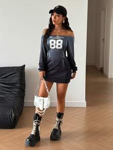 StreetHx 女士千禧年风格Y2K休闲街头服饰，露肩系带印花连衣裙 - 黑與白 - 查看 2