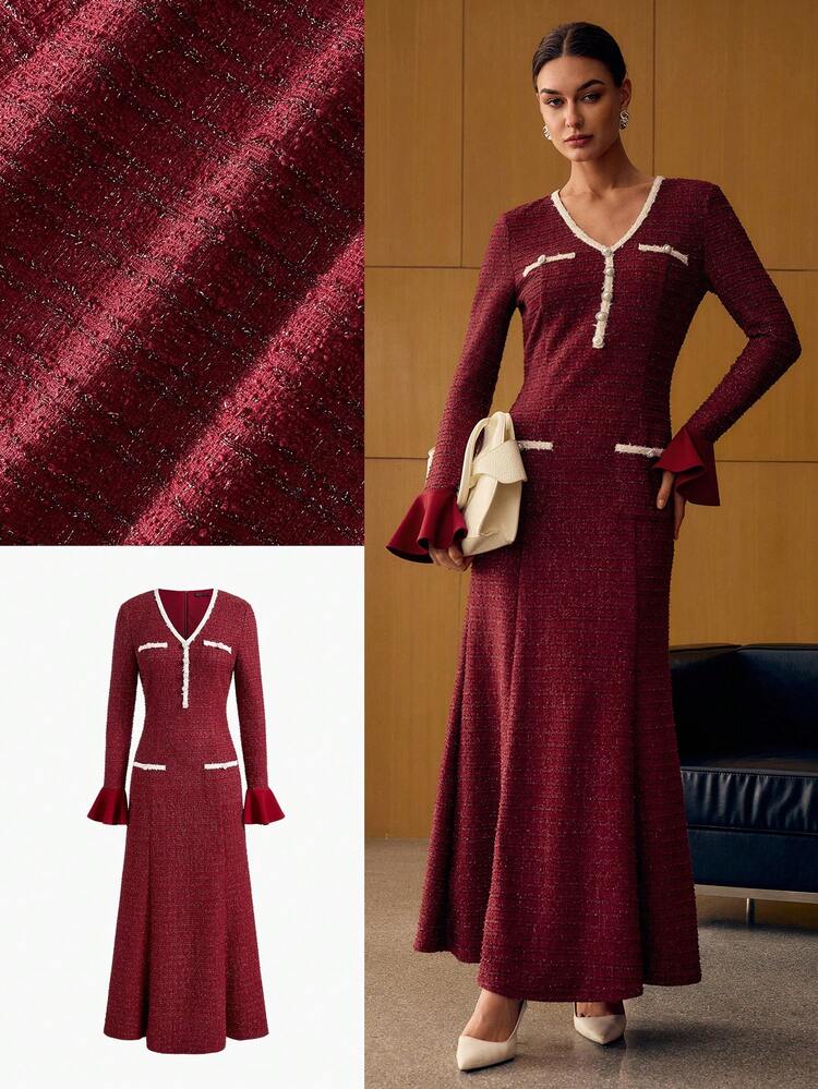 CONTRAST TRIM SLIM FIT DRESS FOR AUTUMN & WINTER