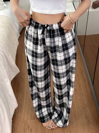 Dream Adore Women's Casual Cozy Black & White Plaid Pajama Pants, Christmas Fluffy Winter Sleep Bottom