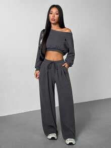 SHEIN PETITE Women's New Solid Color Crew Neck Drop Shoulder Long Sleeve Hoodie And Sweatpants Casual Loose Suit Grey Two Pieces Set ,Petite Women - Dark Grey - View 5