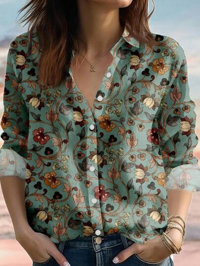 EMERY ROSE Vintage Baroque Floral Linen-Look Shirt, Retro Botanical Blouse Shirt, Fall Aesthetic Shirt, Elegant Halloween Casual Shirt,Women Shirt