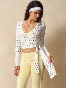 VARSIVA 女式休闲运动波点印花抽绳 V 领 T 恤 - 黑與白 - 查看 6