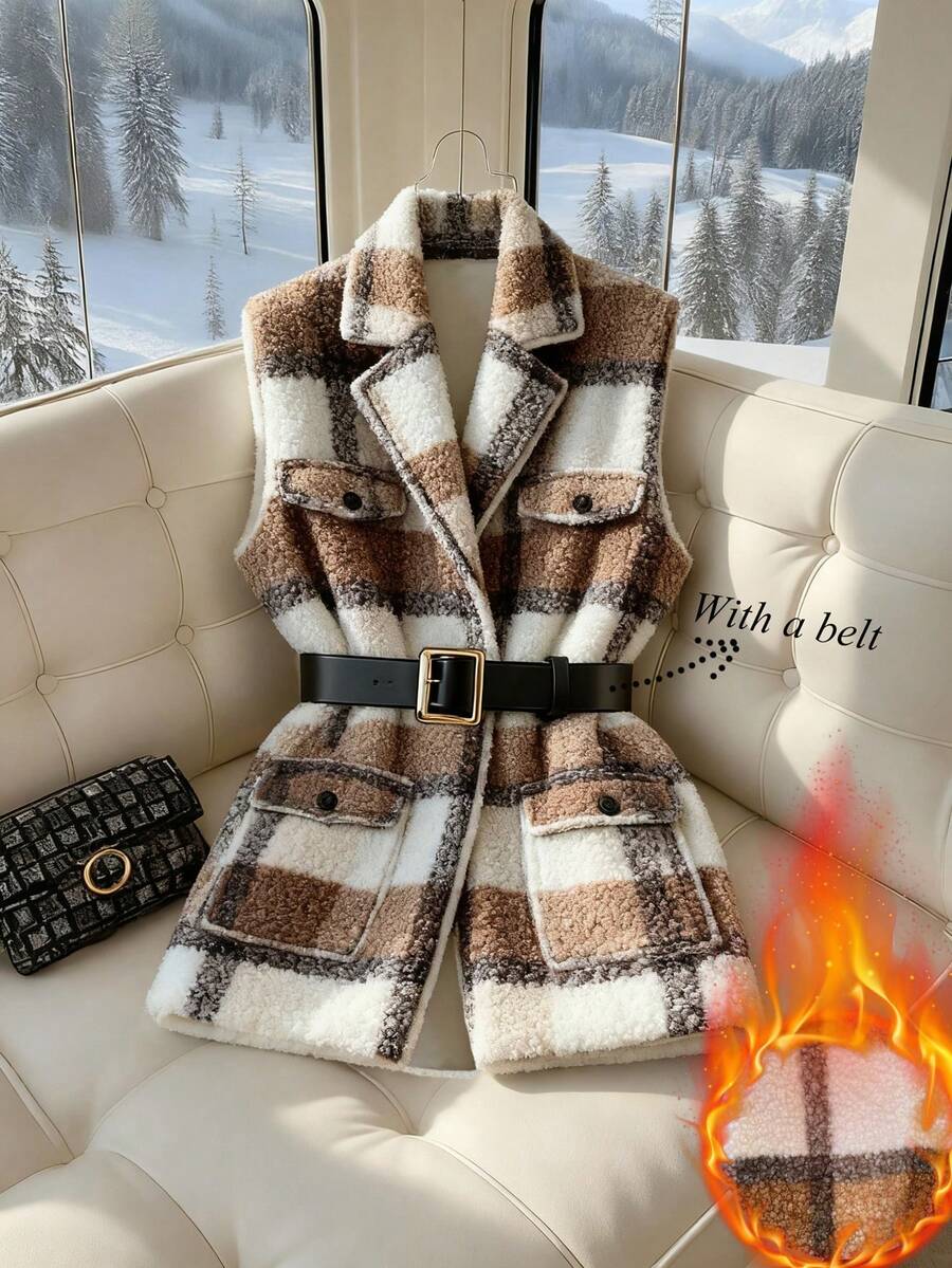 Franclia Women's Elegant And Fashionable Top, Thermal Lined Top, Plaid Top, Collared Pocket Top, Autumn And Winter Style Top. - Camel - View 1