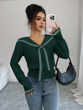 Elenzga Contrast Stripe Long Sleeve Casual Drawstring Knit Pullover Sweater