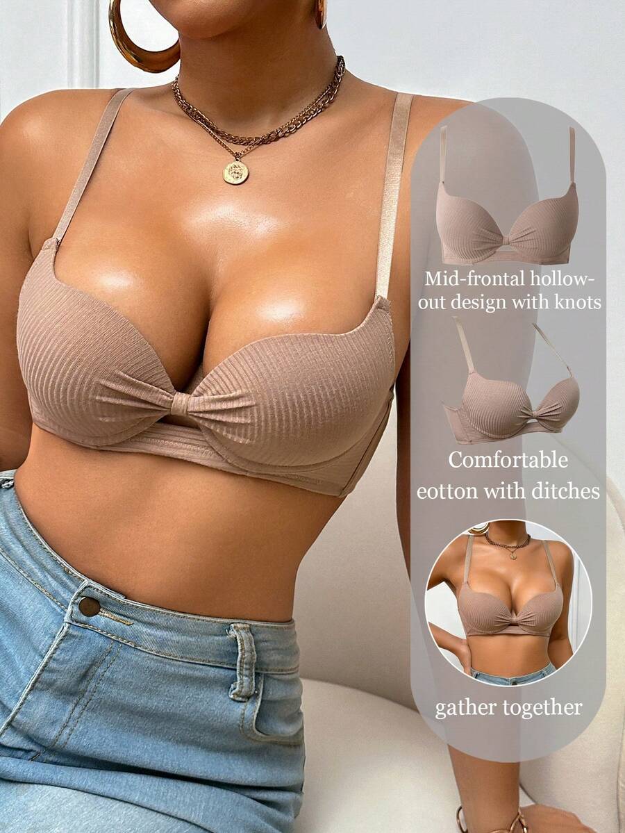 Desiresculpt Women Solid Color Bow Tie Instantlift Bra Lingerie Basic Casual Steel Ring Ribbed Underwire Push Up T-Shirt Bra - Khaki - View 1