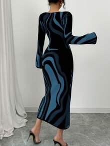 Elenzga 女式拼色圆领喇叭袖紧身腰针织连衣裙 - 藍色 - 查看 2