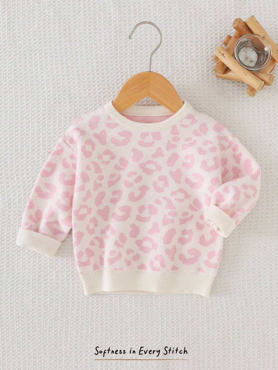 Cozy Pixies Baby Girl Leopard Print Soft Knit Crew Neck Long Sleeve Pullover Sweater, Versatile For Home & Casual Wear, Autumn/Winter Toddler Leopard Print Baby Girls Sweatshirts Toddler Girl Animal Print - Pink - View 1