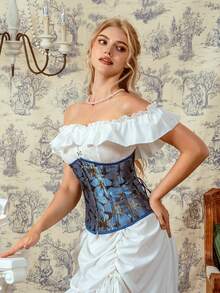 Myrelith Damen Rüschen Off-Shoulder Jacquard Elegante Luxus Formende Bluse - Blau - Übersicht 3