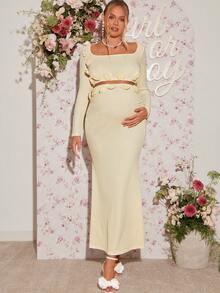 Loomaby Conjunto elegante de 2 piezas con top corto de manga larga con decoración floral 3D y falda midi con dobladillo de cola de sirena, unicolor para maternidad - Caqui - Ver 5