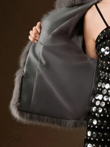 Anewsta Short Hooded Fluffy Faux Fur Patchwork Fashion Jacket, Autumn/Winter - Dark Grey - View 8