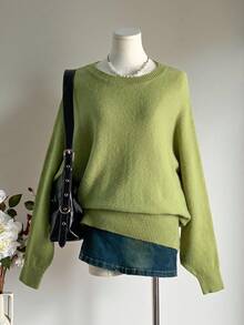 SHEIN Unity Women's Casual Solid Color Round Neck Long Sleeve Knit Sweater - Green - View 1