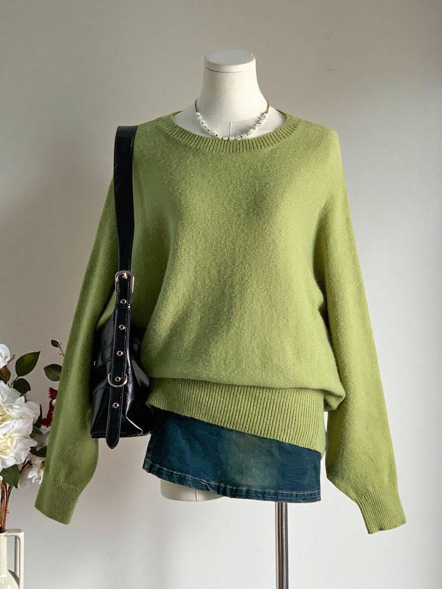 SHEIN Unity Women's Casual Solid Color Round Neck Long Sleeve Knit Sweater - Green - View 1