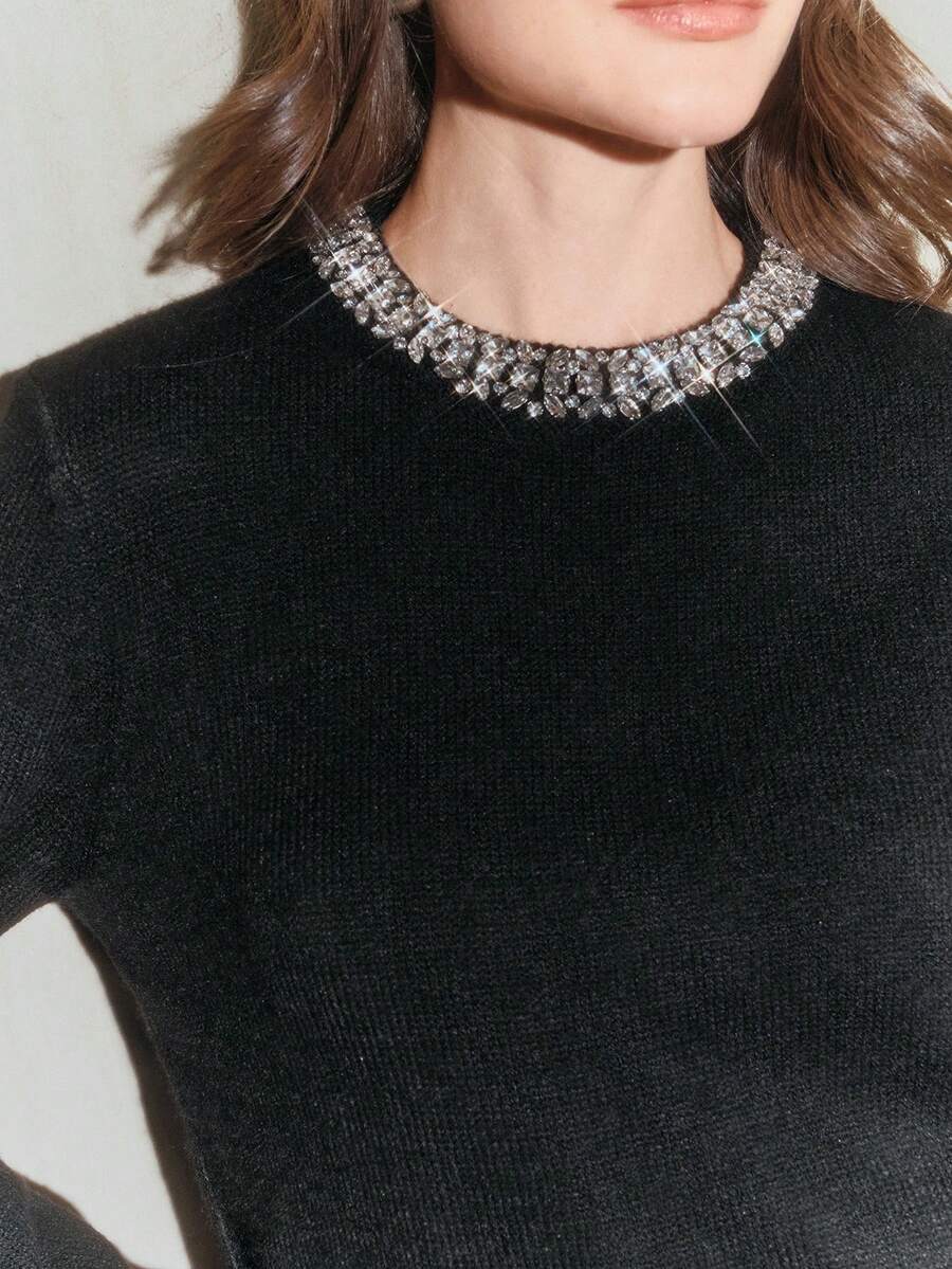 Anewsta Elegant Wool Blend Solid Color Fuzzy Fabric Crystal Rhinestone Collar Pullover Sweater, Autumn/Winter - Black - View 1