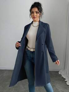 SHEIN PETITE Áo khoác nữ dáng dài vừa phải chất liệu da lộn giả trơn màu thanh lịch - Màu xanh hải quân - Xem 7