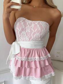 CovetEZ 优雅撞色蕾丝拼接荷叶边抹胸上衣，夏季 - 粉色 - 查看 2