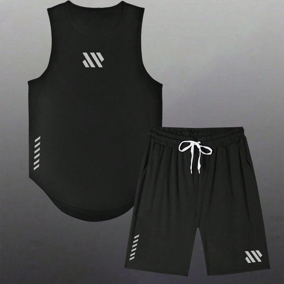 Conjunto deportivo para hombres de tela de punto transpirable: Camiseta de tirantes de cuello redondo y pantalones cortos de longitud regular, Negro,