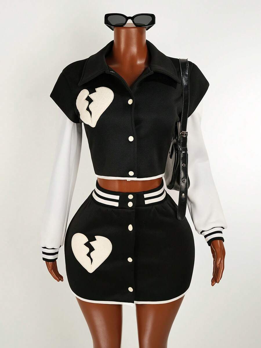 Mistrie 女士爱心刺绣撞色拼接短款外套和迷你裙两件套 - 彩色 - 查看 1