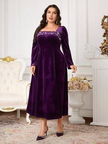 Modelyn Große Größen Elegantes Kleid für Damen mit Blumenmuster, Strass-Verzierung, quadratischem Ausschnitt und Puffärmeln - Violett - Übersicht 3