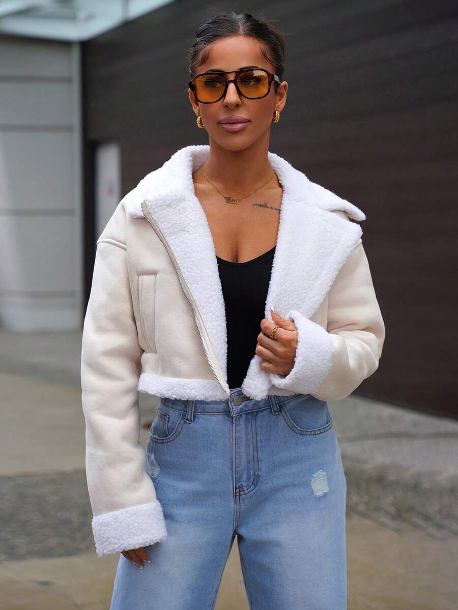 SAYEHFBABY 秋冬女士短款毛领PU皮夹克 - 杏色 - 查看 1