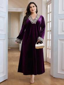 Al Najma Plus Size Women V-Neck Loose Long Sleeve Arabic Style Dress