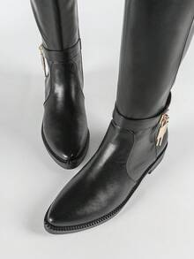 CUCCOO BIZCHIC Botas sobre la rodilla cómodas y antideslizantes para mujer, otoño/invierno 2025, con decoración metálica, botas negras para ir al trabajo, casual, versátiles, con cremallera lateral hasta el tobillo, suela gruesa y punta puntiaguda, estilo occidental de caña alta