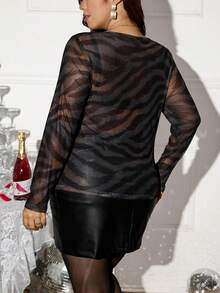 Zelara 大码女式斑马纹网纱透视圆领长袖性感上衣，新年除夕派对上衣，优雅女士夏季度假黑色透视长袖网纱上衣，黑色网纱透视长袖上衣，黑色透视上衣，情人节长袖透视上衣 - 彩色 - 查看 6