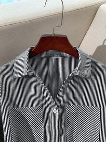 Franclia 女士条纹袖口单排扣休闲口袋衬衫裙 - 黑與白 - 查看 3