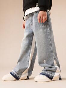 SUMWON Boys Distressed Wide Leg Jeans With Raw Hem Detail And Side Stripe For Casual And Vacation - Light Wash - View 5