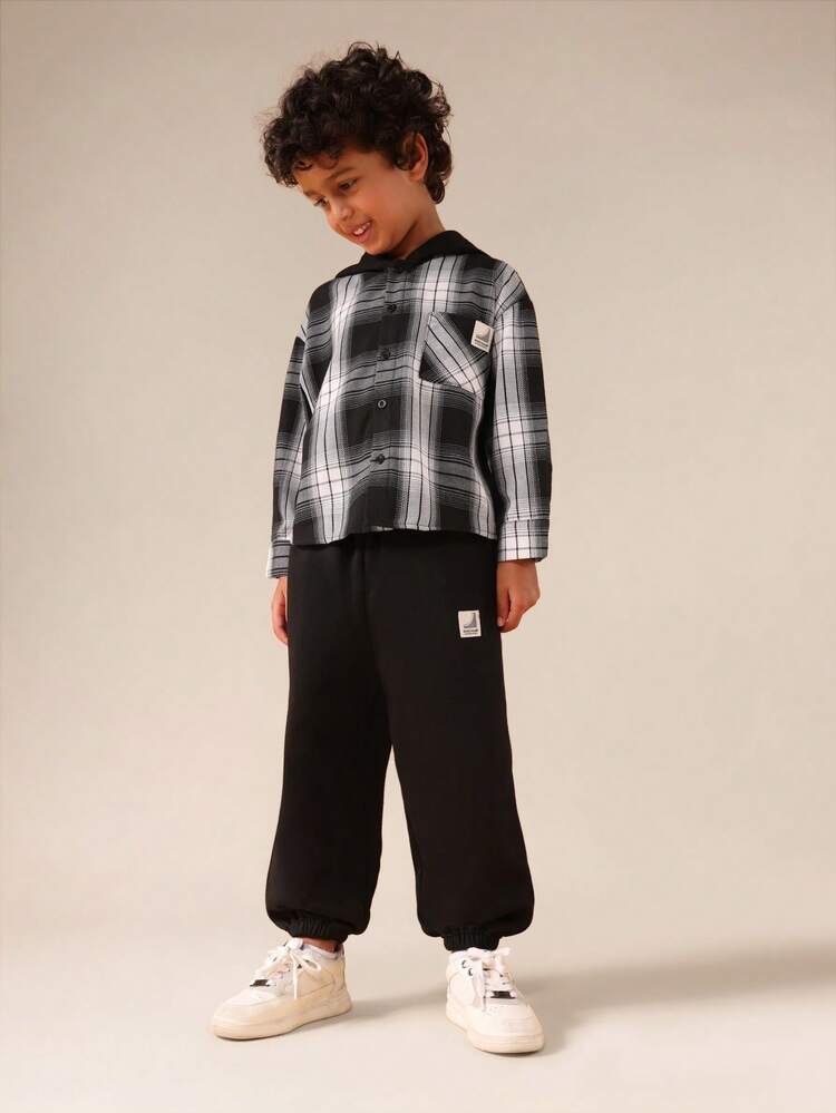 Plaid Hooded Shirt With Black Joggers Set