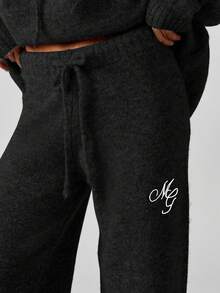 MISSGUIDED Pantalones anchos de cintura alta tejidos con logo bordado, pantalones informales para estar en casa - Negro - Ver 5