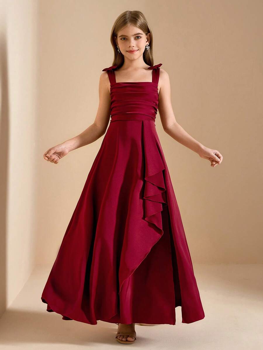 Rochie elegantă pentru fetițe preadolescente cu flori, pentru absolvire, nuntă, bal, potrivită pentru Halloween, Crăciun, rochie midi fără mâneci, cu fundă din satin vișiniu, cu bretele, pentru fetițe preadolescente, rochie de prințesă bufantă la modă, cu tiv deschis, pentru întoarcerea la școală - Burgundia - Vizualizare 1