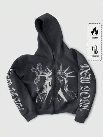 Street Life Men's Letter & Graphic Gothic Print Hooded Zip-Up Long Sleeve Sweatshirt Sweatshirt