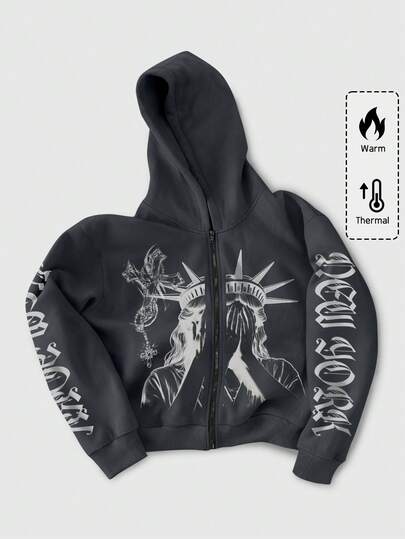 Goth بلوزة رياضية رجالية مطبوع عليها حرف وطباعة جرافيك مع كابوشون وسحاب طويلة الأكمام